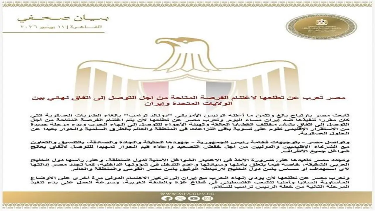 مصر تتطلع إلى اتفاق نهائي بين إيران والولايات المتحدة